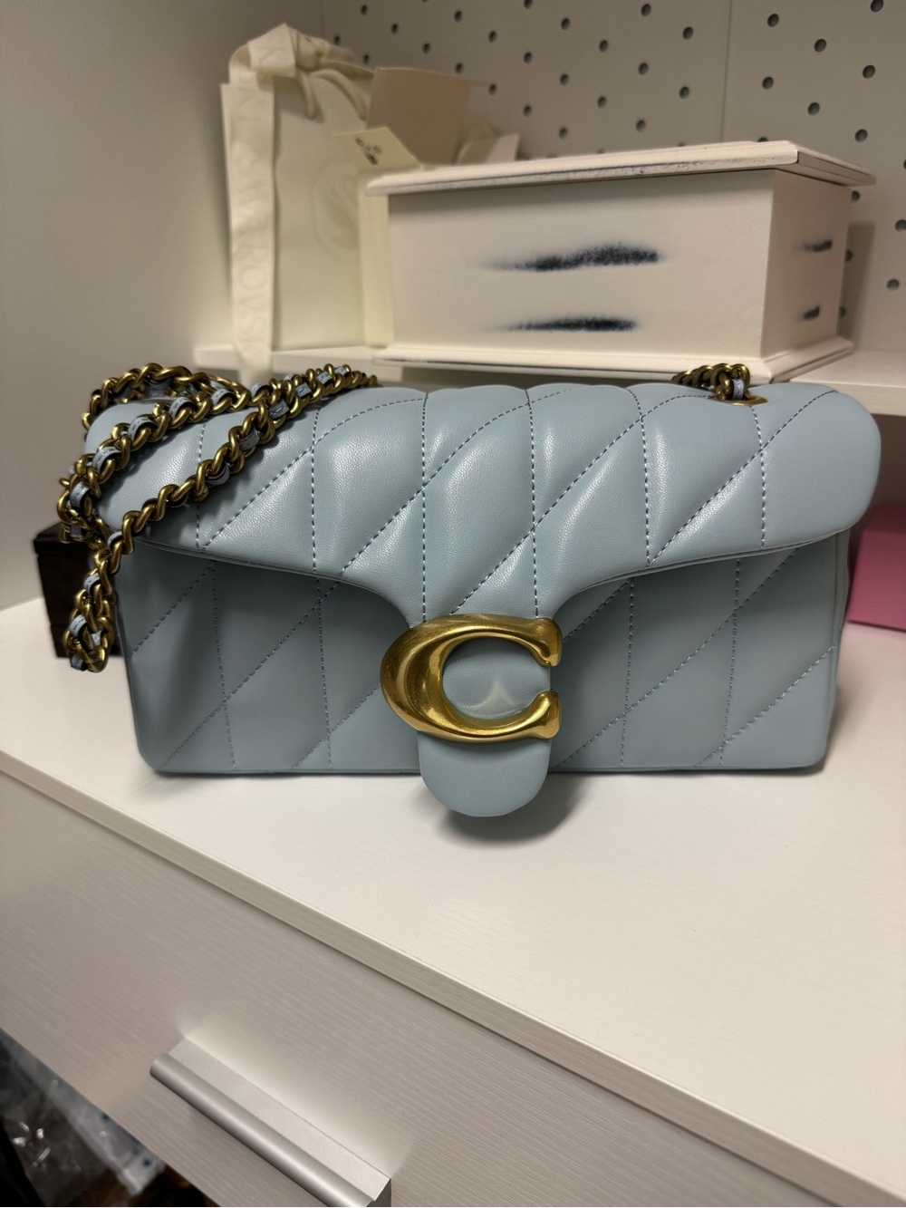 NWOT Coach Quilted Tabby 26 in bluebell color and gold hardware